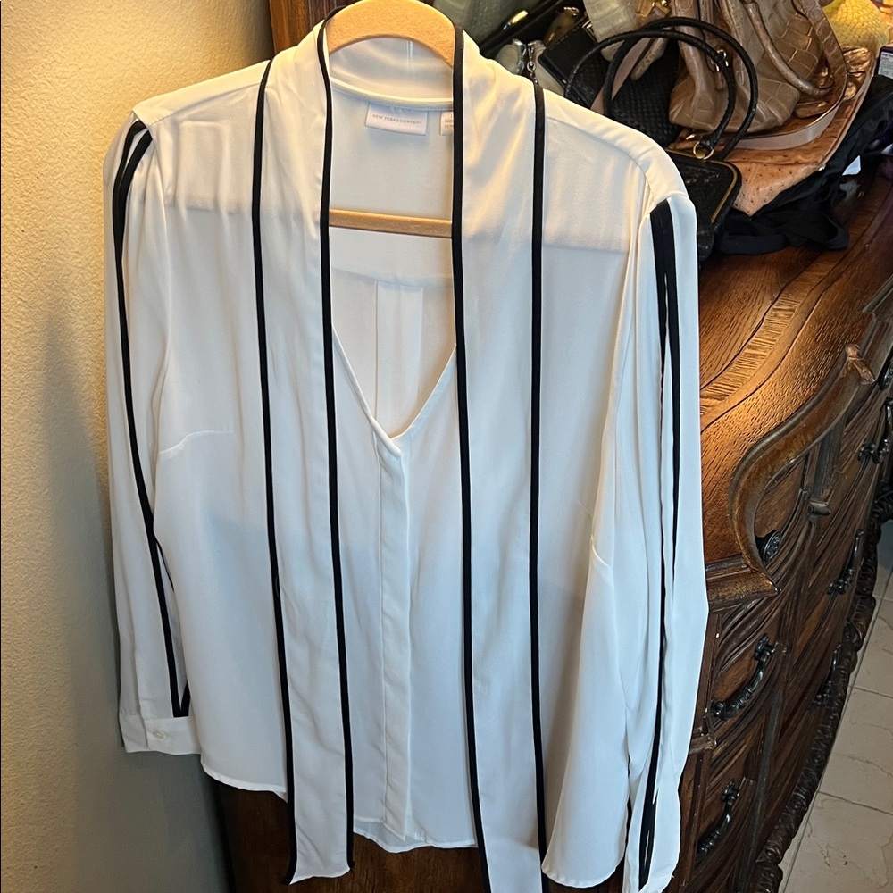 New York & Company White Blouse with Black Stripes